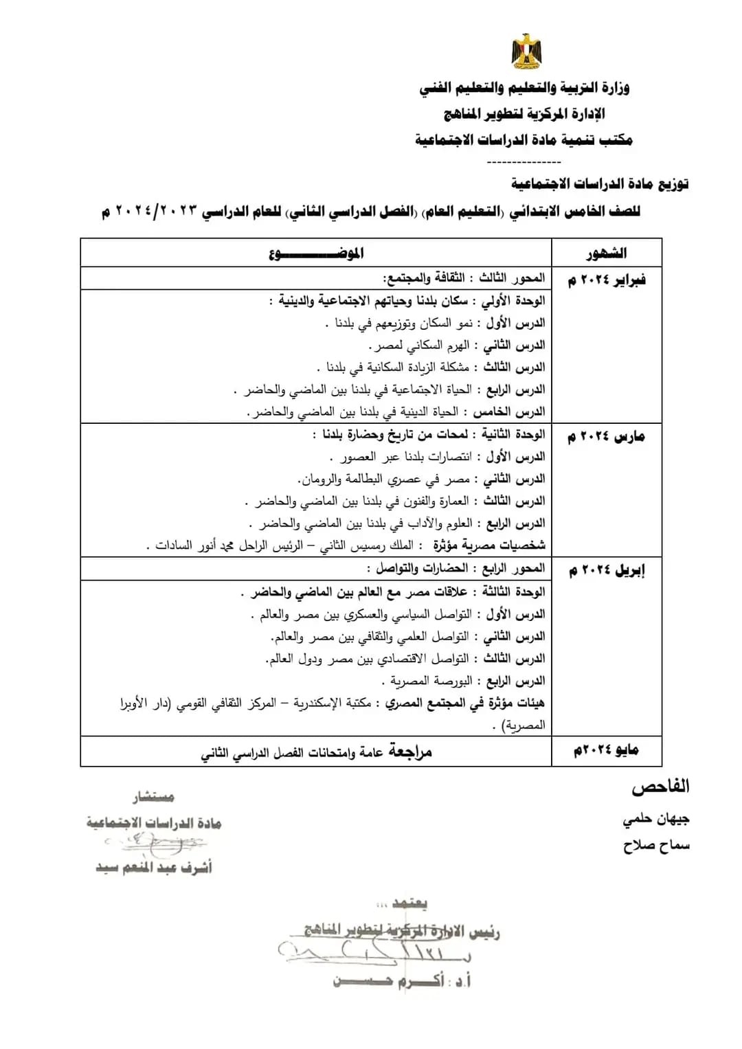 توزيع منهج الدراسات الصف الخامس الإبتدائي الترم التاني 2024